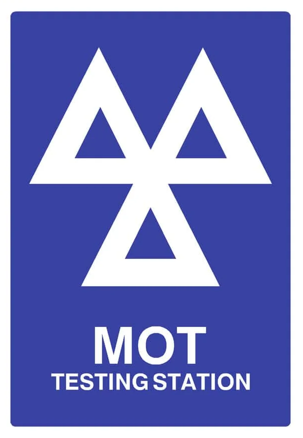 The official sign of a DVSA-approved test station, three white triangles on a blue background. Underneath triangles is white text MOT TESTING STATION